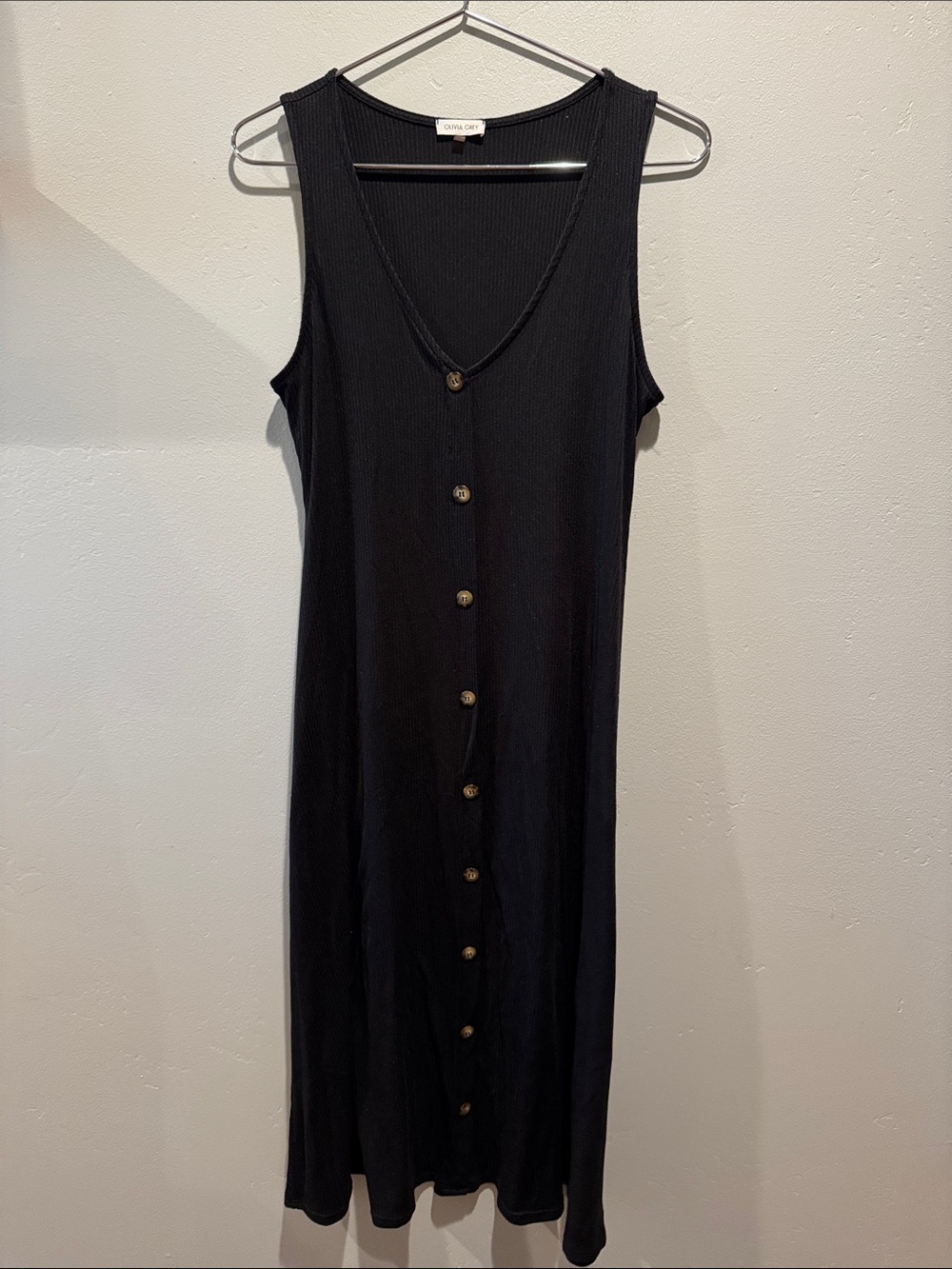 Olivia Grey Black Ribbed Button-Front Sleeveless Lightweight Maxi Dress